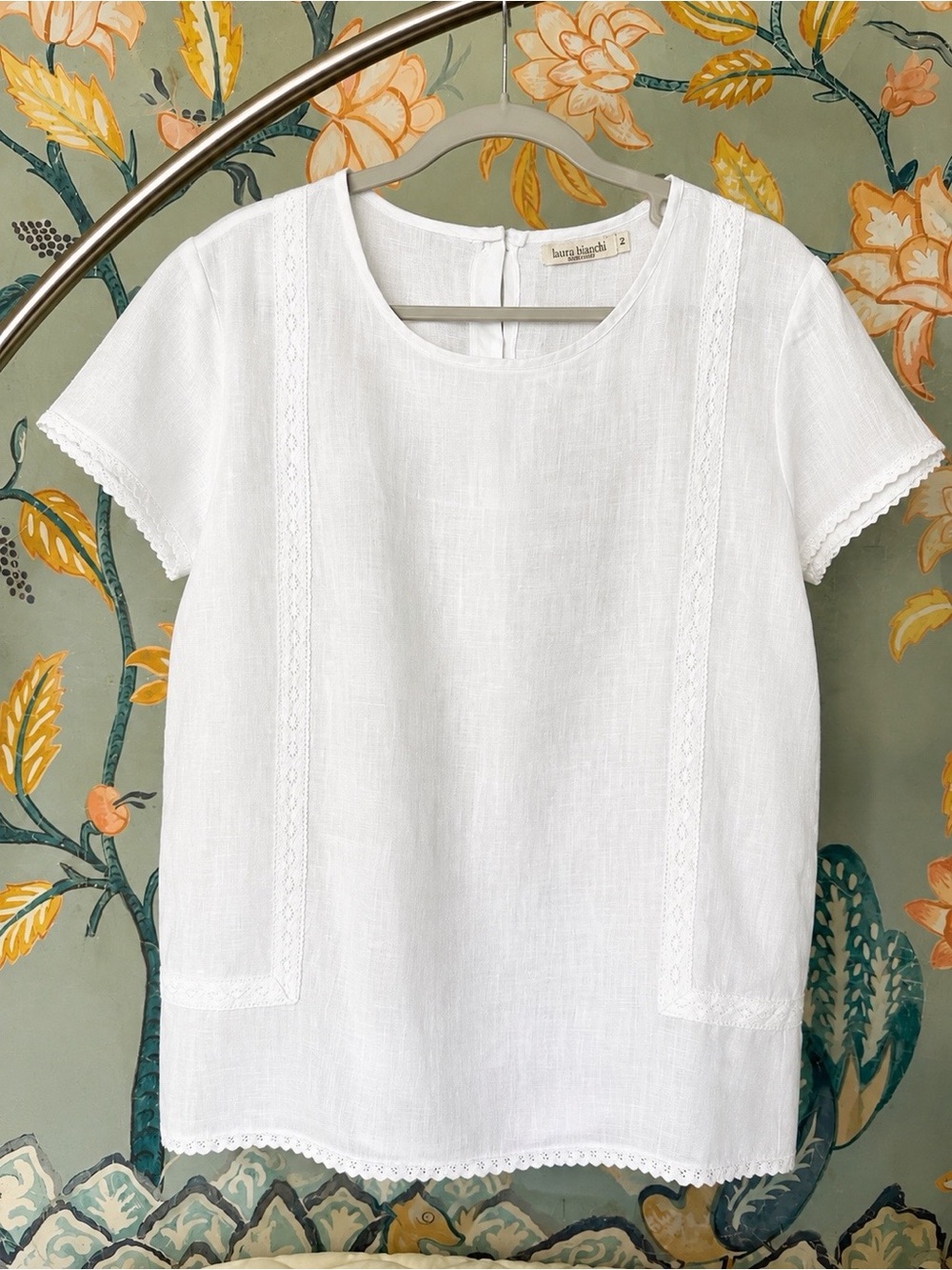Laura Bianchi 100% Linen White Lace Trim Blouse M